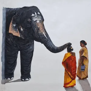 Painting of elephant blessing women, Indian elephant art, spiritual canvas