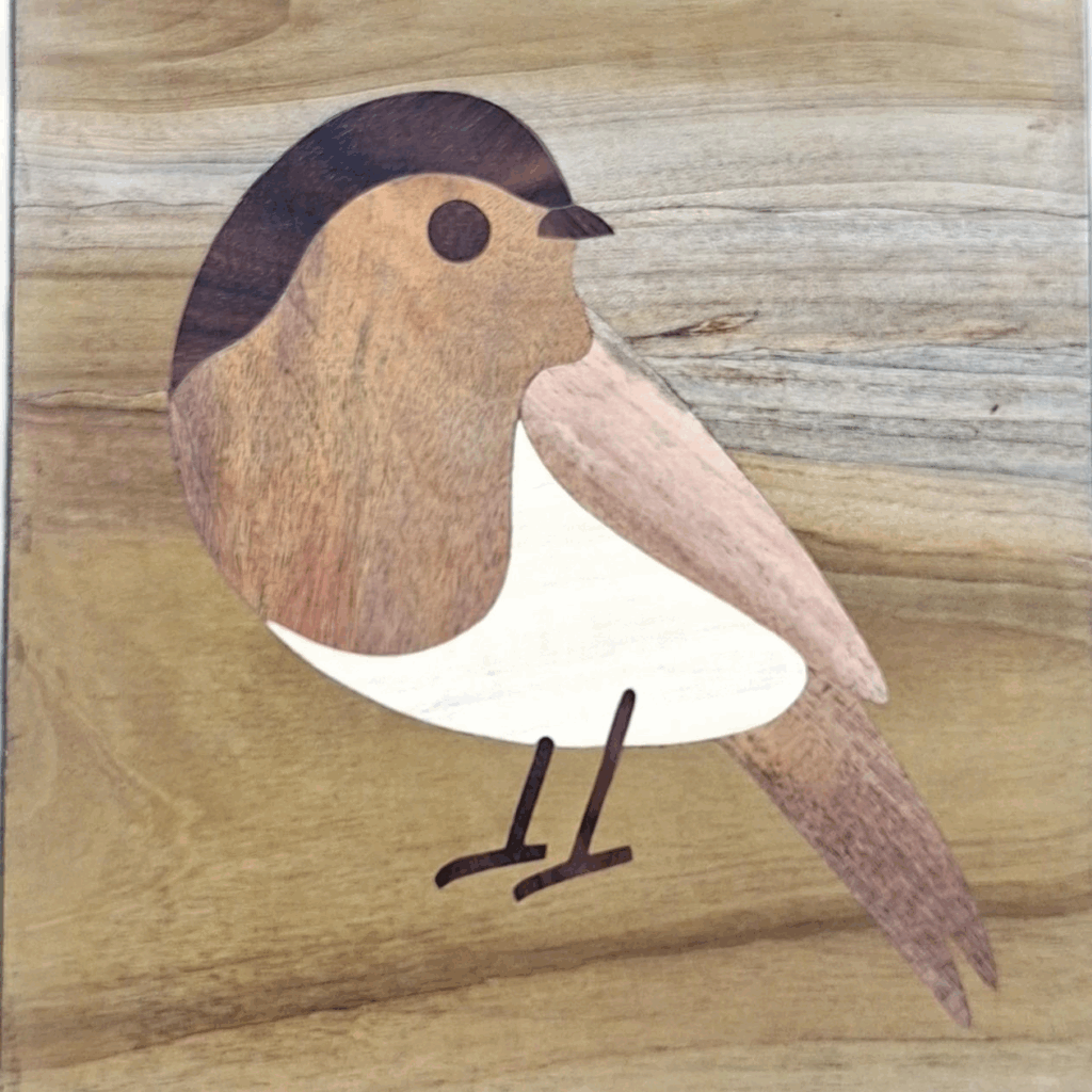 Whispering robin marquetry, serene wood inlay bird, handcrafted wooden robin