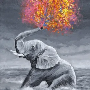 Painting of elephant with colorful spray, monochrome elephant art, vibrant abstract art